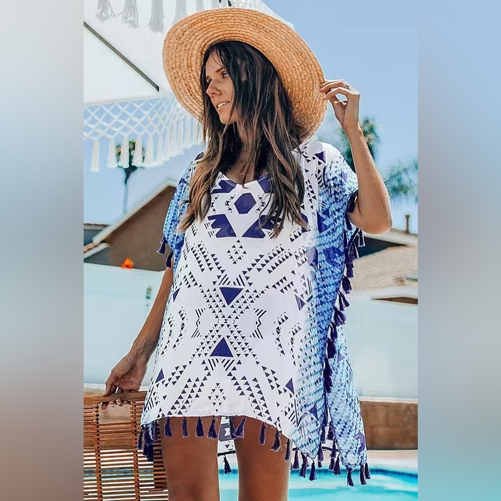 Cupshe Geometric Swimsuit Cover Up Blue and White Greece Boho One Size